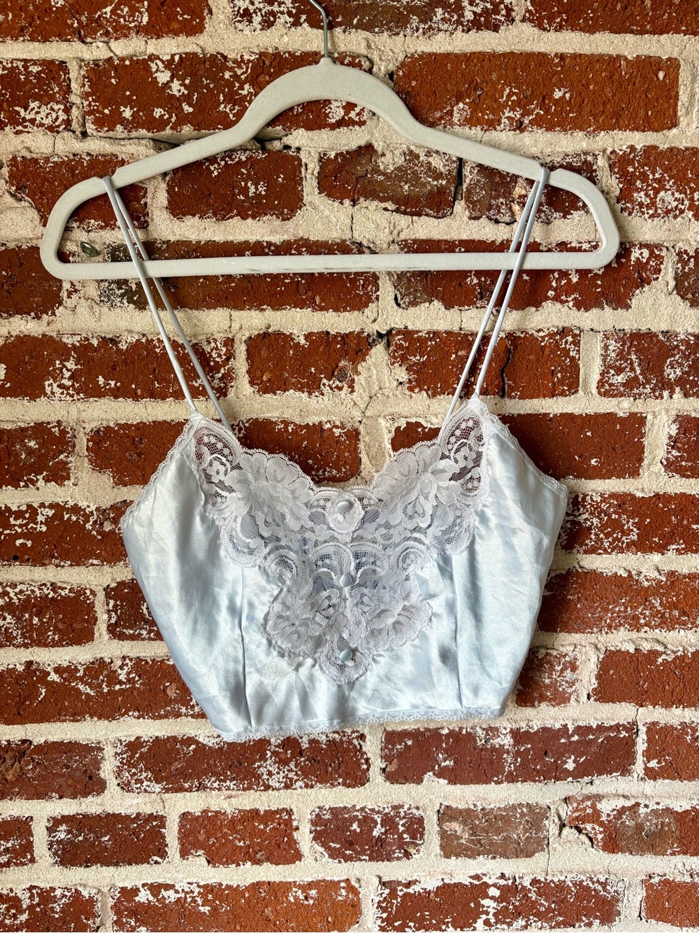 90s Vintage Indulgence lingerie light blue lingerie crop top w/ lace & buttons